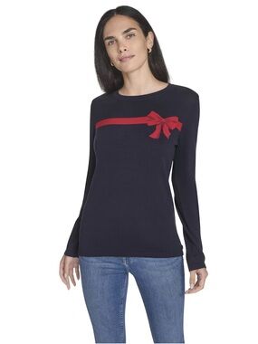 Nautica Navy Cotton Novelty Holiday Crewneck Sweater with Red Bow